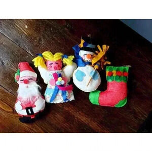 Four Vintage Felt Christmas Ornaments | Santa Stocking Angel Snowman | 60s Decor
